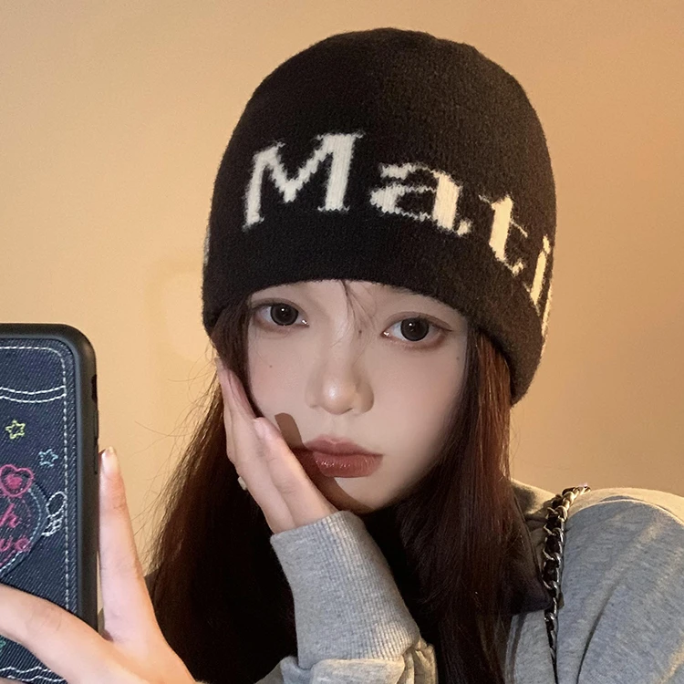 2025新款冬季字母包头堆堆帽女保暖护耳针织帽子休闲百搭网红冷帽