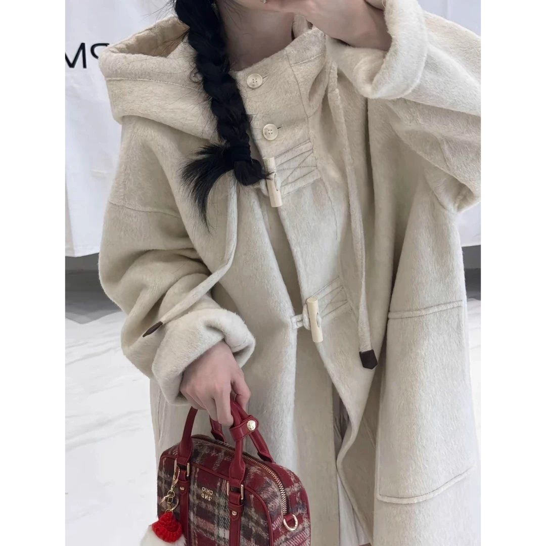【北岛雪山】秋冬款宽松立领连帽抽绳中长款双面羊毛呢外套大衣女