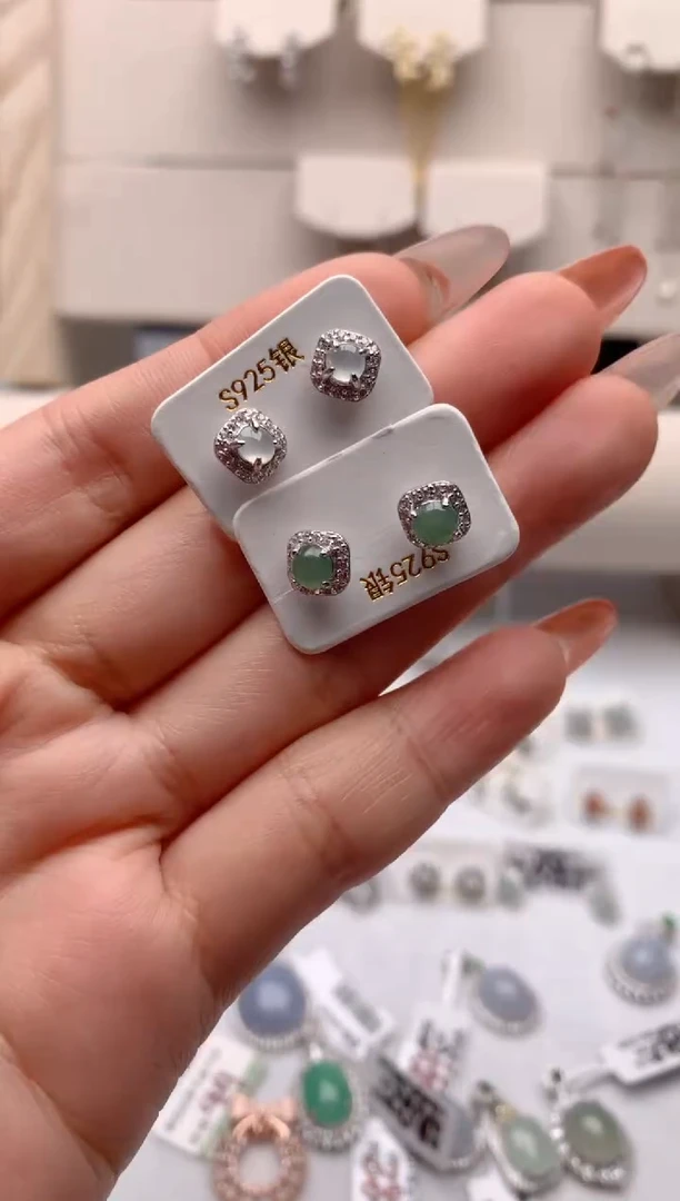 【闪购商品】翡翠耳饰银S925镶嵌3号