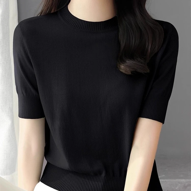 半高领冰丝针织衫短袖t恤女2025新款夏季显瘦打底衫短款中袖上衣