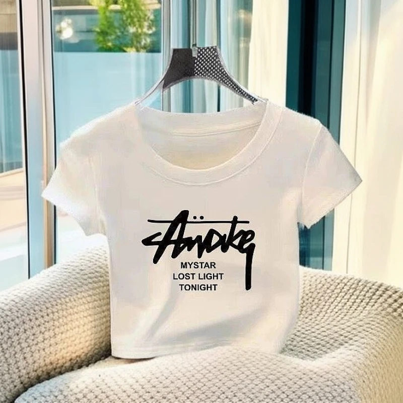 纯棉短袖t恤女白色正肩夏季新款圆领小衫修身短款露肚脐上衣全棉