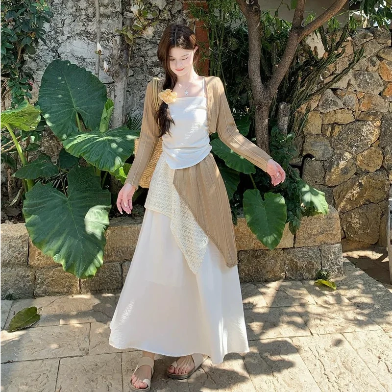 2025夏季新款女韩版针织开衫吊带不规则撞色大裙摆A字半身裙套装