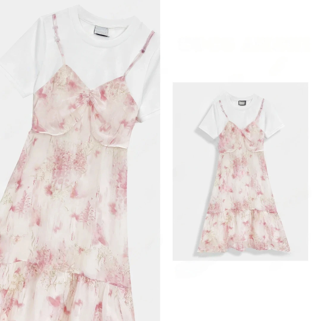 高级设计带碎花夏日女装拼接假两件显瘦气质连衣裙