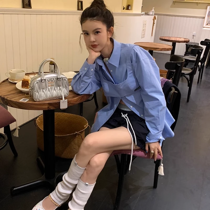 le rouge周美美 博主City感叠穿立体胸衣蓝色翻领衬衫防晒套装