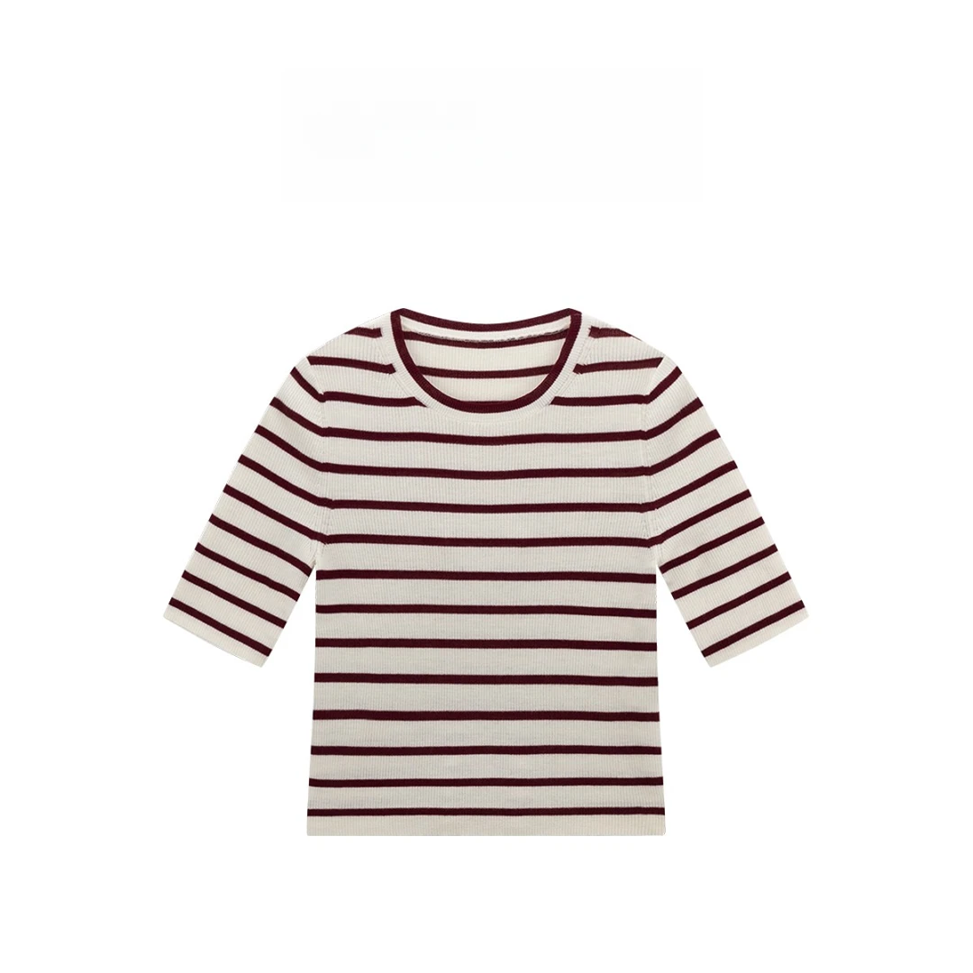 100绵羊毛条纹撞色圆领短袖针织衫565