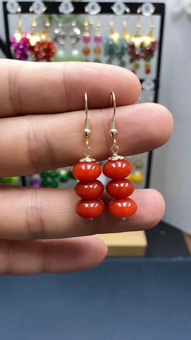 南红玛瑙银S925镀金镶嵌耳饰尺寸10mm算盘珠