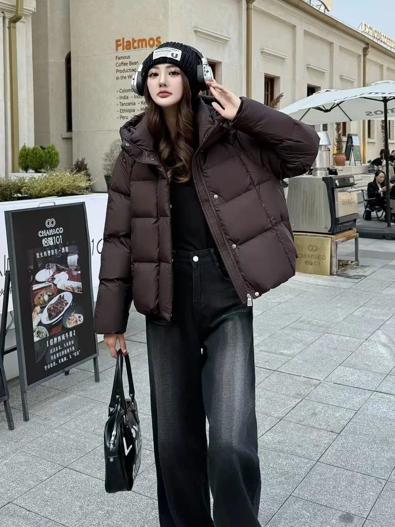 泡芙羽绒服女装短款2024冬季新款白鸭绒面包服加厚保暖连帽外套