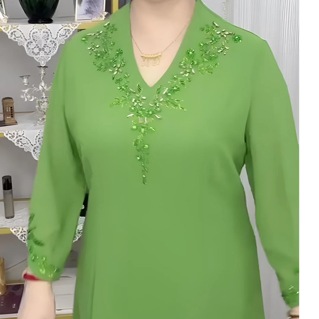 夏季雪纺V字领七分袖手工缝钻民族风网红连衣裙丝路绮梦大码女装