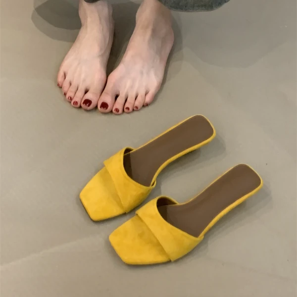 MLC-721-1绒面复古坡跟露趾一字拖鞋女夏季外穿百搭凉拖鞋仙女鞋