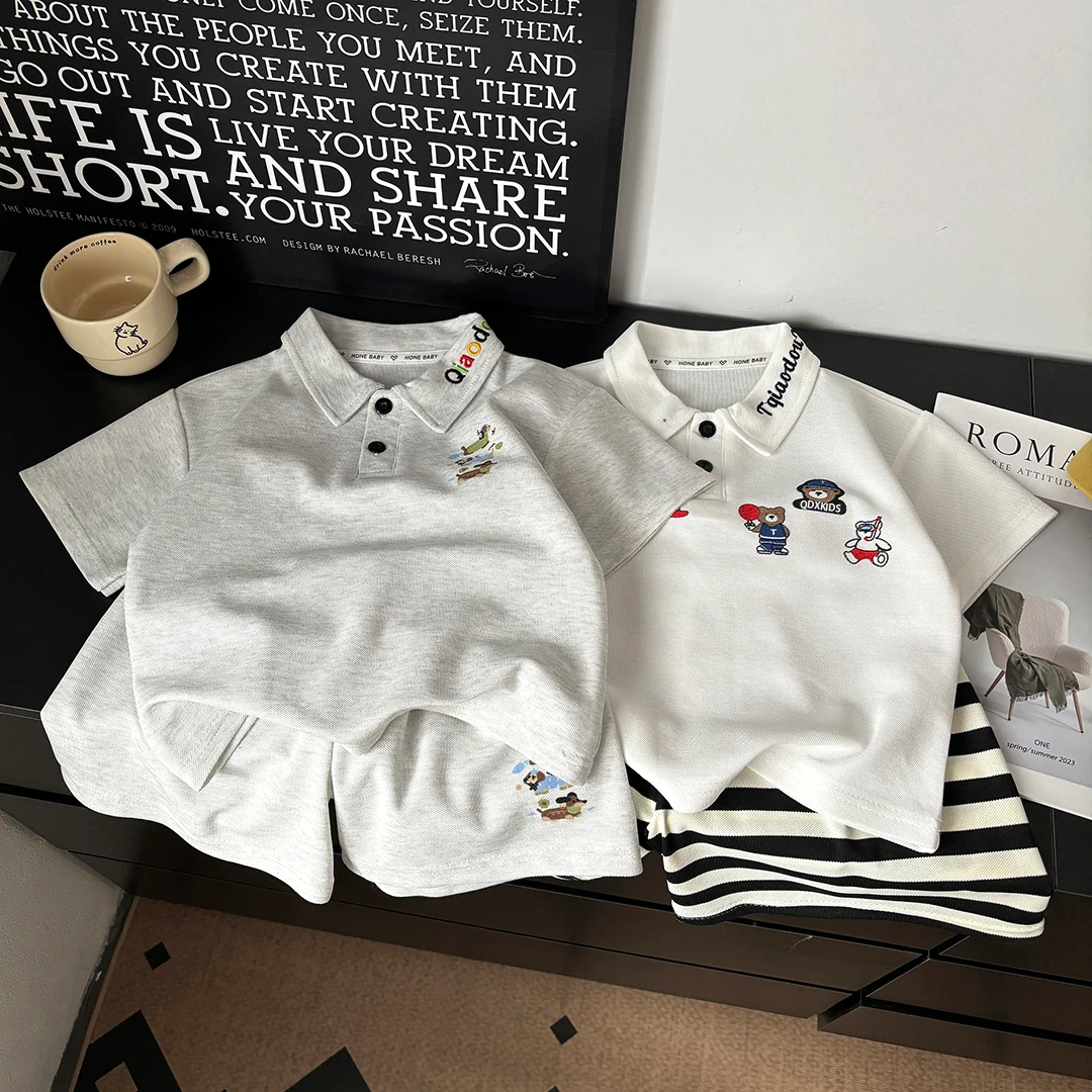 【清版专属】男女宝儿童polo领短袖短裤套装潮流刺绣两件套时尚