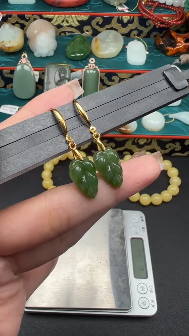 和田玉银S925镶嵌耳饰耳钉 b093