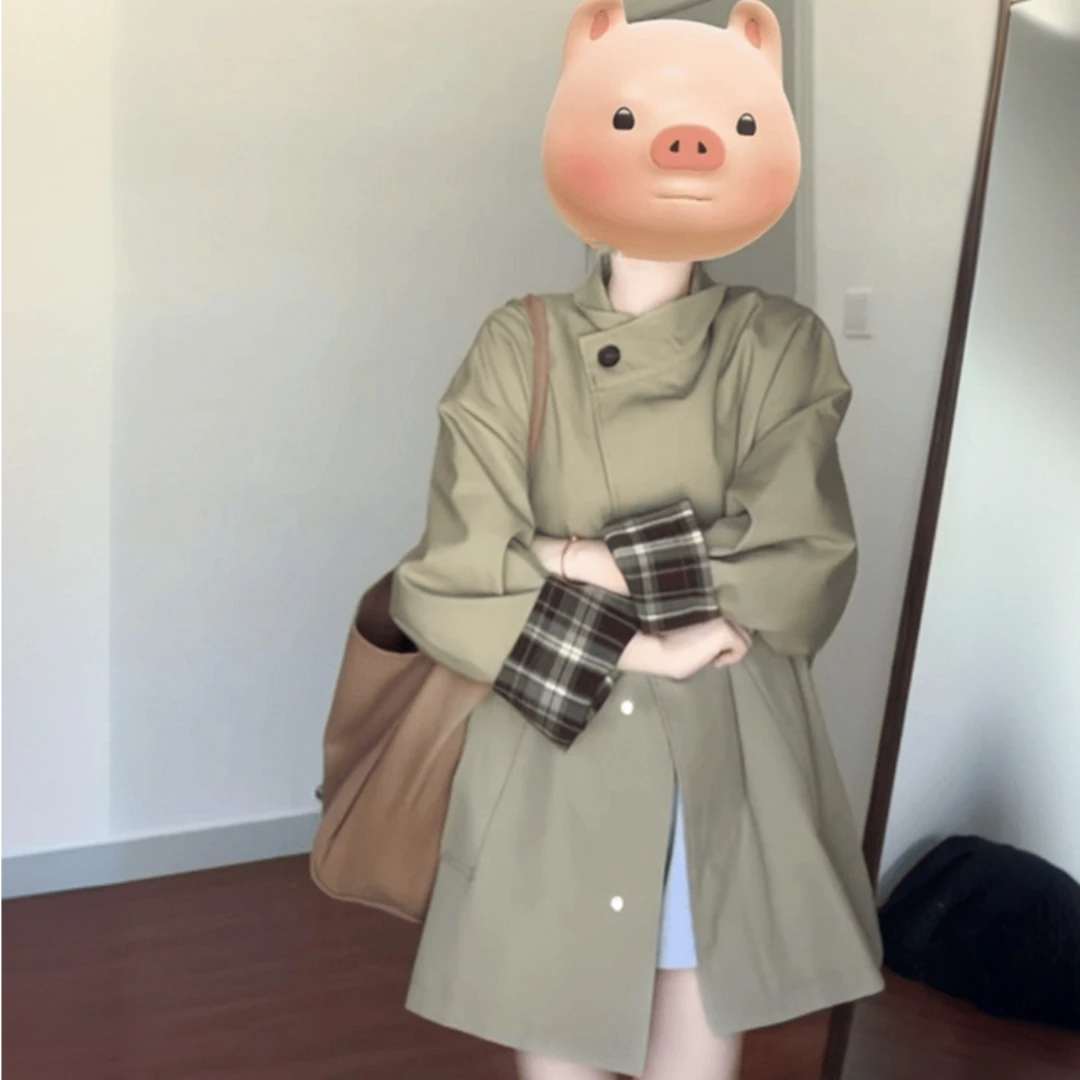 早春卡其色风衣长袖韩版格子外套女2025春秋大衣女款爆款2025新款