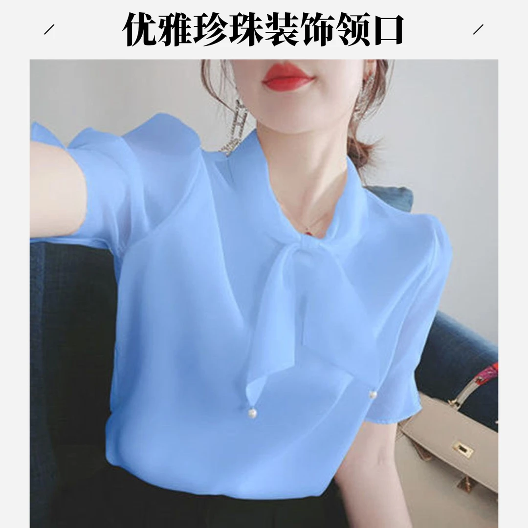 【夏日穿搭】爆款洋气雪纺女装衬衫夏季新款爆款蝴蝶结小众短袖衬衣