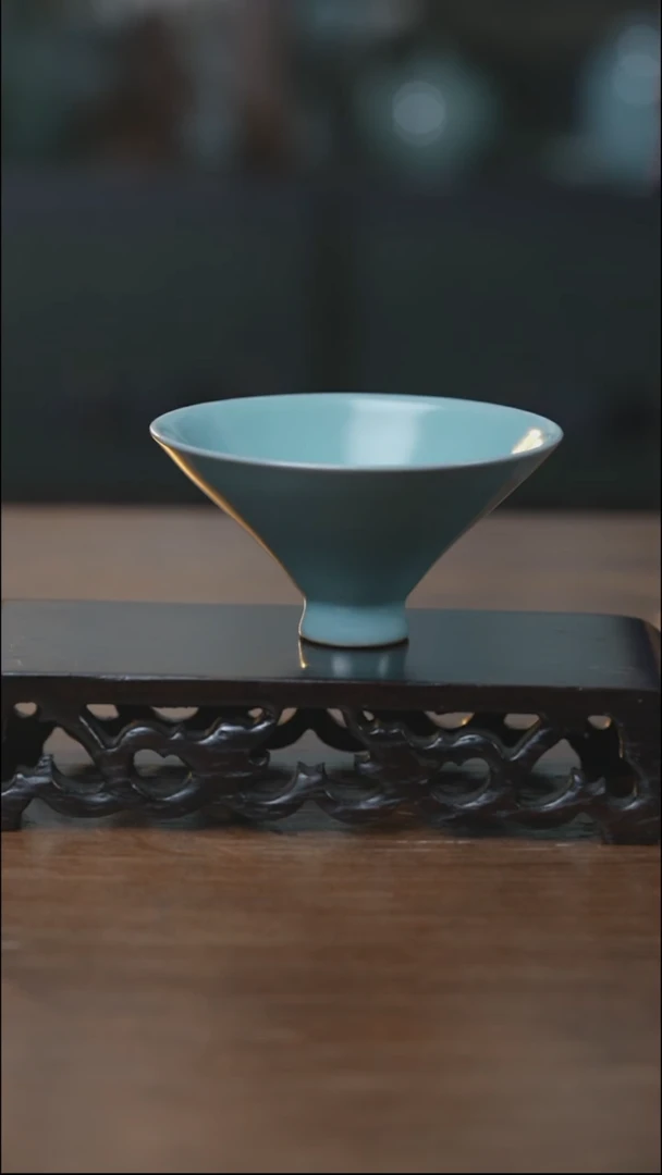 斗笠杯 蚯蚓走泥纹 汝瓷 （张亚格）（天青）