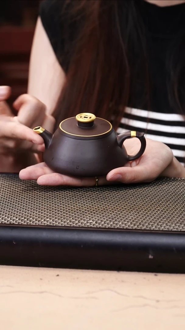 茶壶紫砂四号井茄皮紫泥描金钱币钮飞把石瓢160cc