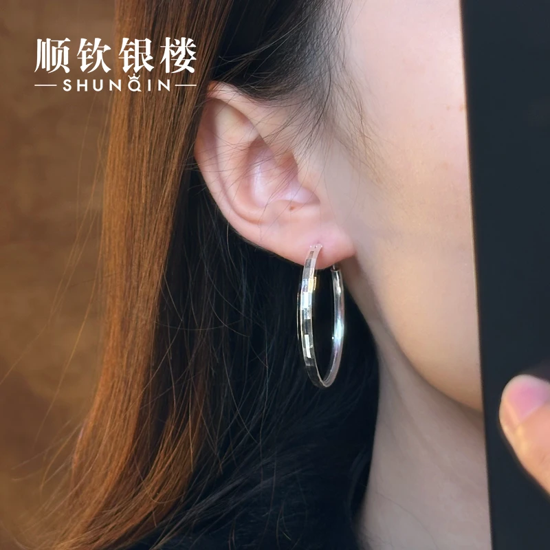 顺钦银楼 足银耳饰 【熠环耳圈】足银999个性气质百搭简约新年耳圈