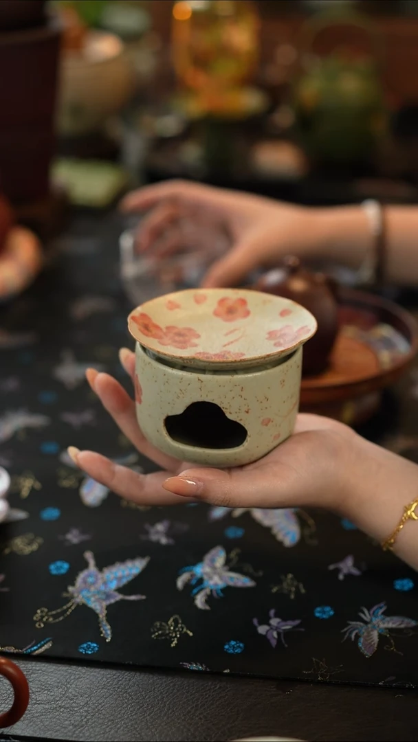 摆件陶青花火石红纯手绘梅花-云朵温茶炉+烤碟