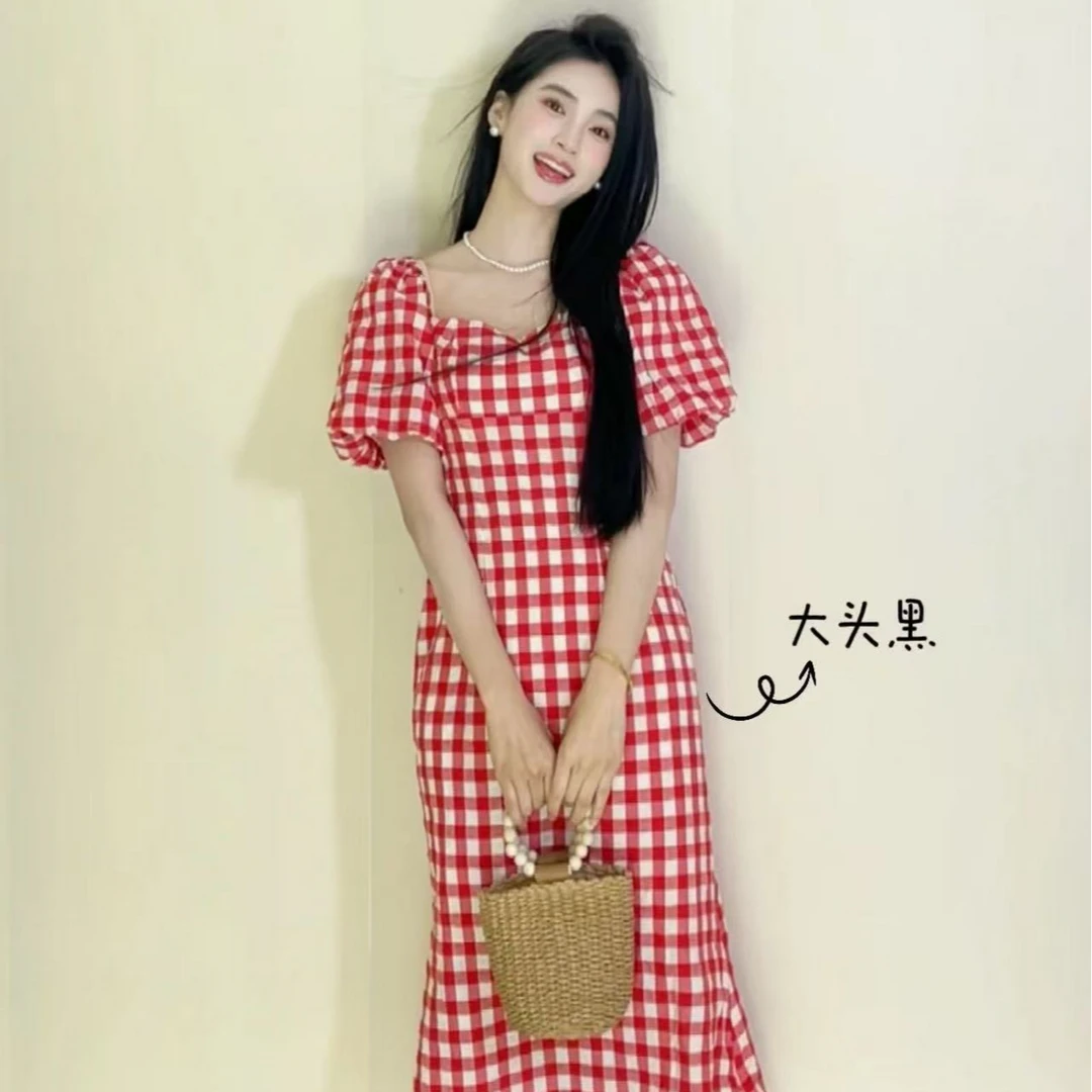 法式大头黑显瘦气质小个子夏季常规连衣裙长裙旗袍泡泡袖