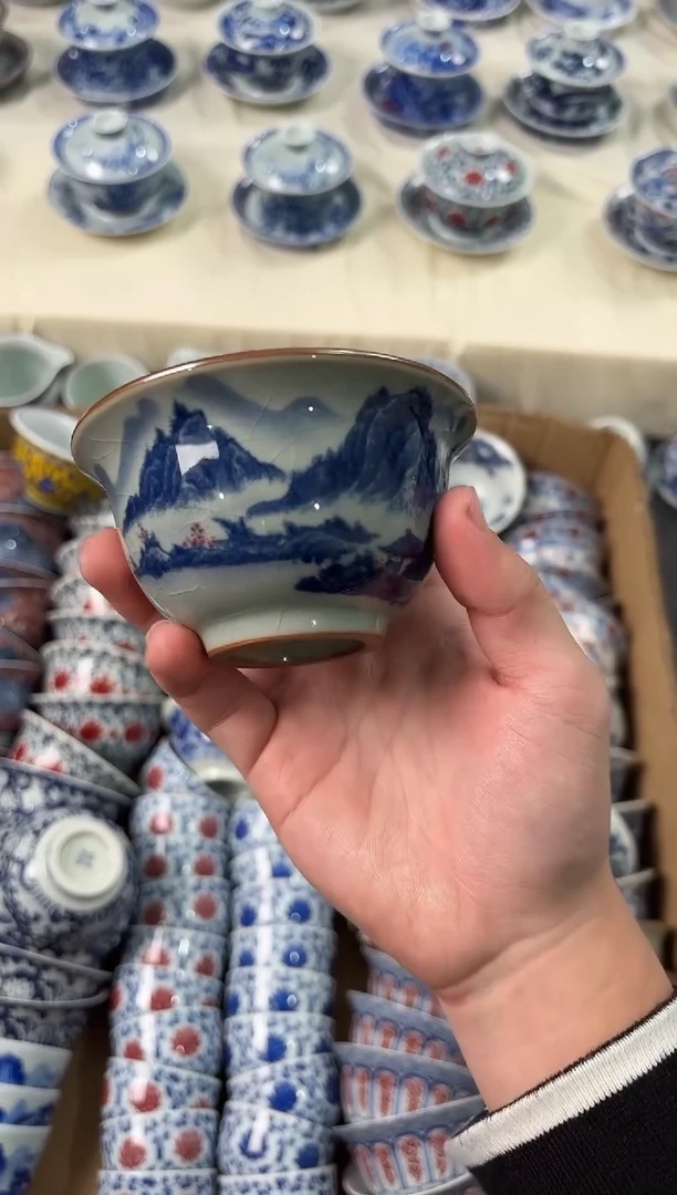 杯子瓷景德镇陶瓷茶具老陶泥红山水压手杯