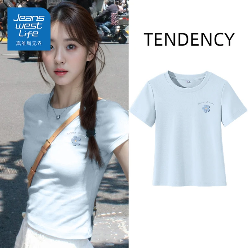 真维斯无界短袖修身女士t恤2025夏季ins风短袖T恤圆领打底衫半袖