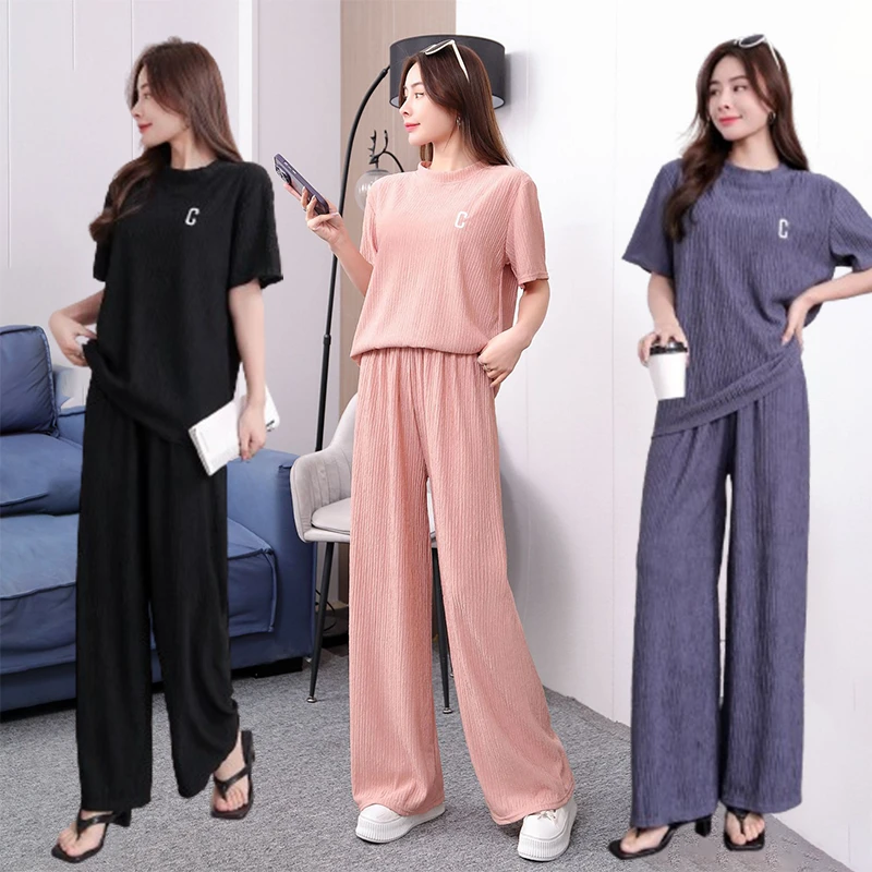 千叶套装女夏季可外穿百褶芊叶短袖短裤两件套女时尚字母家居服