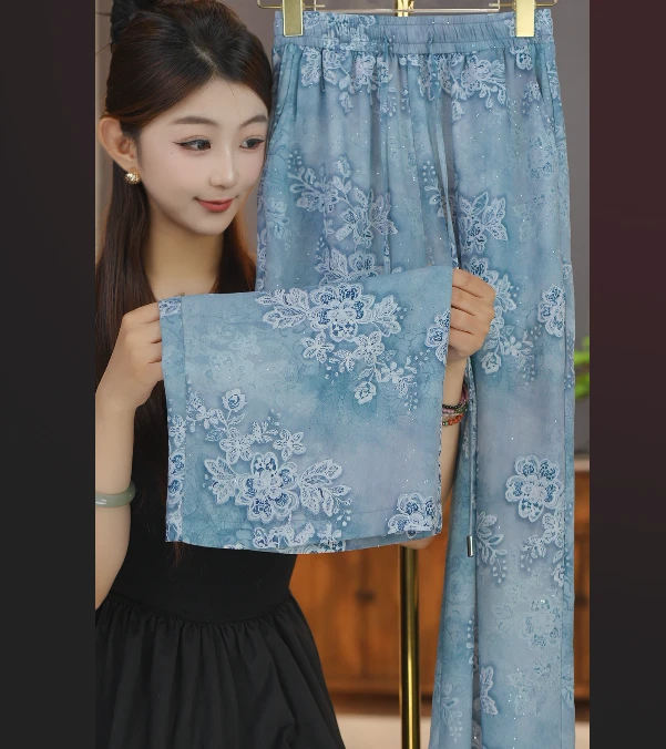 2025夏季新款复古时尚气质百搭轻薄舒适垂感印花长裤-草莓