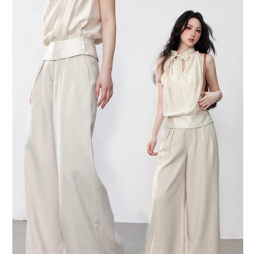 誉芝yuzhi 棉麻阔腿休闲裤高腰显瘦夏季通勤感气质百搭亚麻色长裤