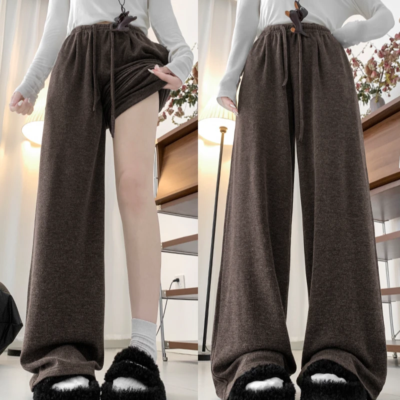 春秋爆款软糯针织慵懒阔腿裤女款高腰宽松直筒显瘦垂感拖地休闲裤