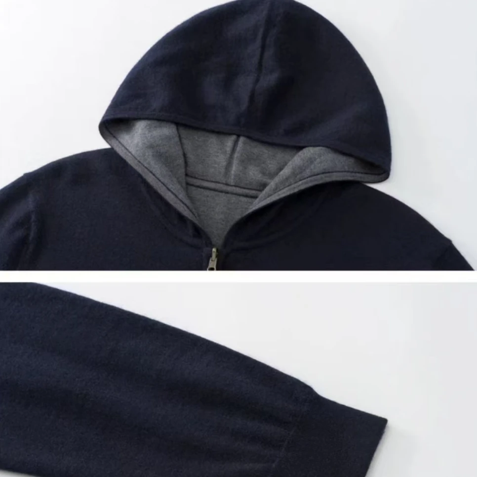 68/3精纺羊绒加厚连帽男开衫双面双穿针织商务厚款连帽羊绒衫保暖