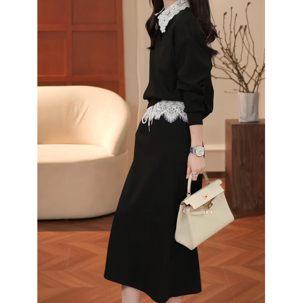 欧货时尚套装女2025春季洋气优雅设计感小众翻领卫衣半身裙两件套