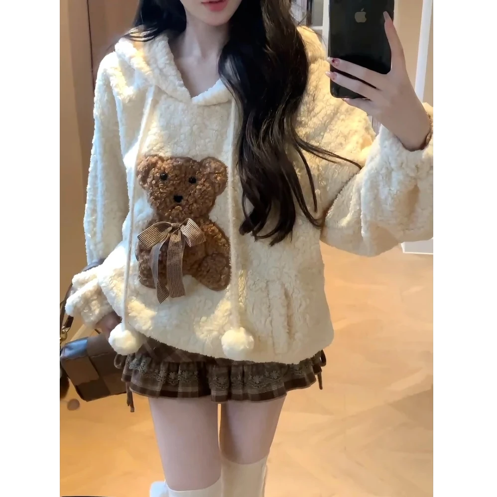 可爱甜妹饼干小熊连帽女秋冬季新款加厚保暖卫衣外套