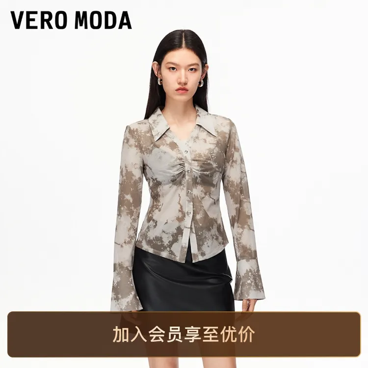 Vero Moda衬衫【蝶翼薄纱】压褶印花喇叭袖百搭流光风老钱风女装