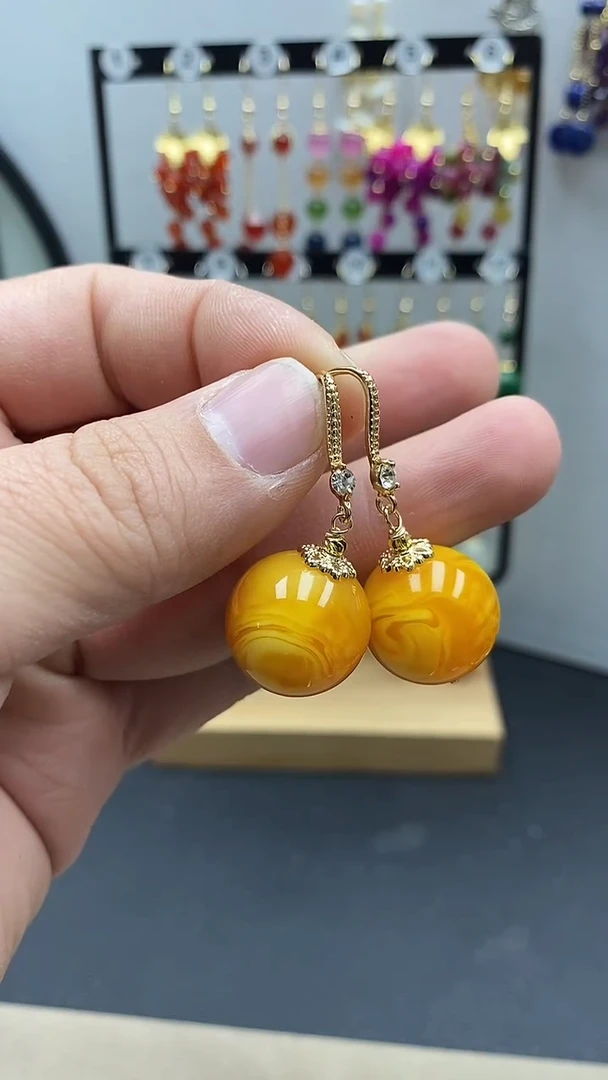 【闪购商品】蜜蜡耳饰银S925镀金镶嵌尺寸18mmW4