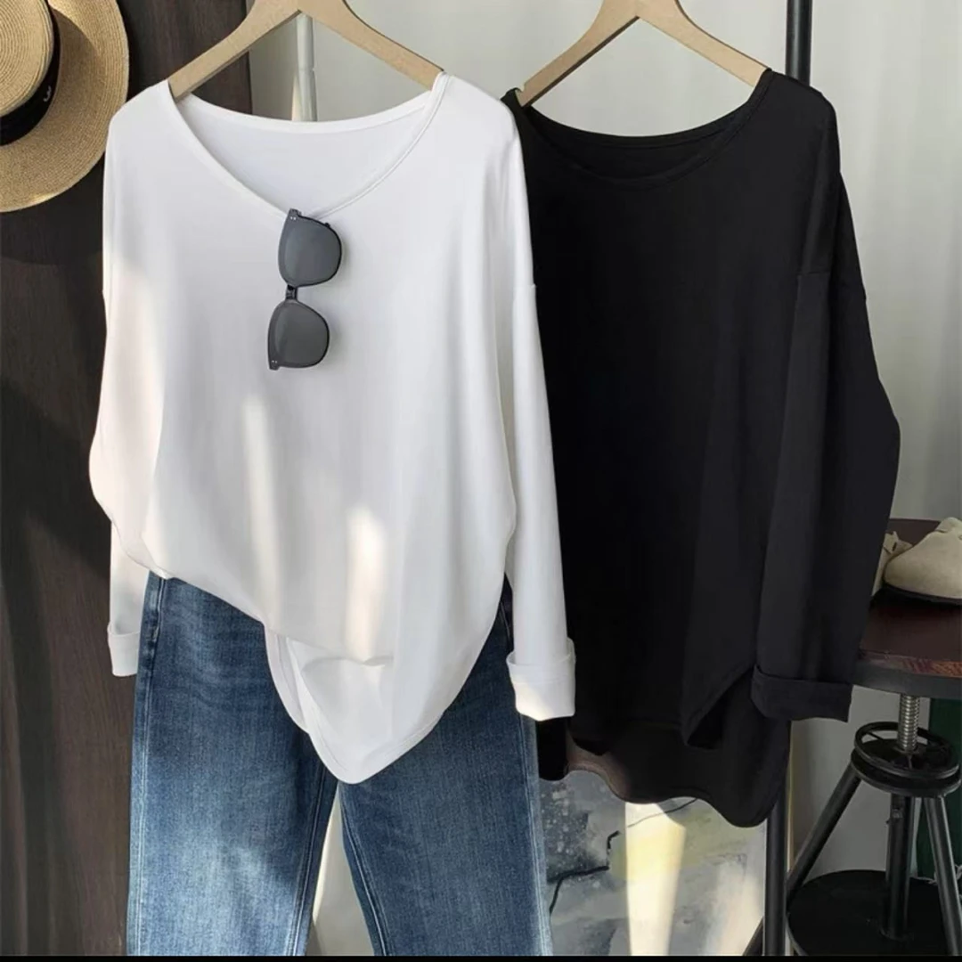 圆弧下摆显瘦藏肉宽松圆领纯色长袖T恤打底衫-814