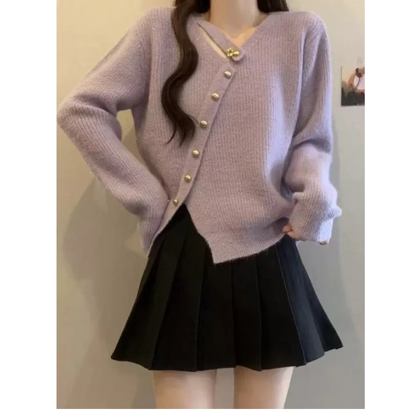V领斜边开叉设计感显瘦遮肚百搭细闪毛衣宽松韩版针织秋冬毛衣