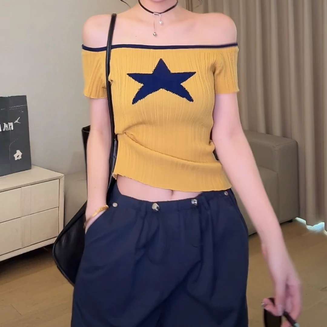 设计感小众性感星星方领一字肩针织上衣2025夏季新款时尚百搭女
