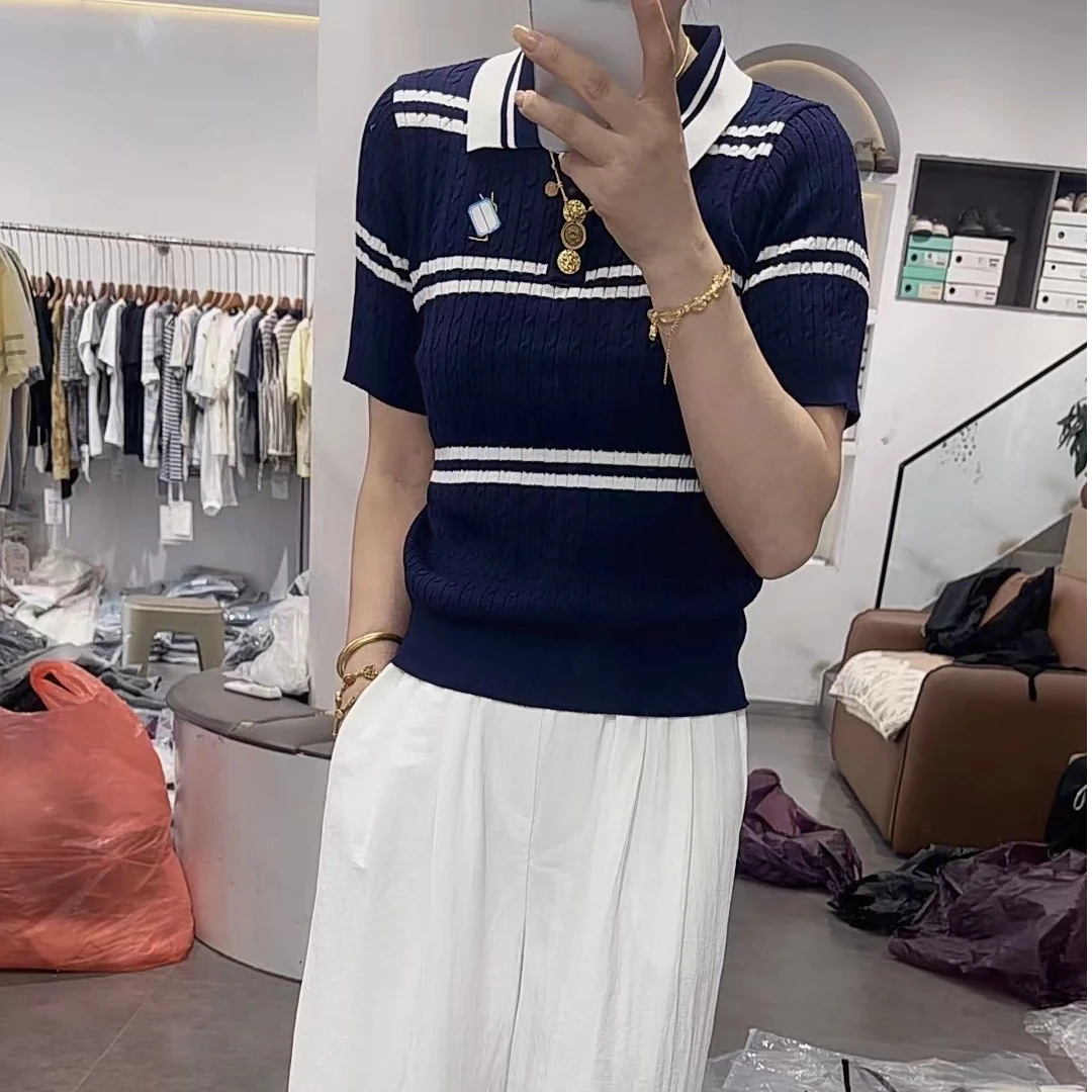 翻领polo衫上衣欧货撞色条纹针织短袖T恤百搭针织衫