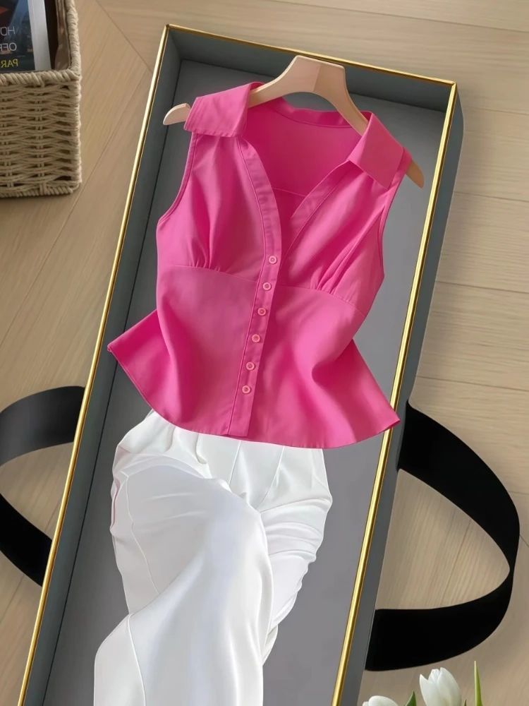 高级感玫红色翻领背心衬衫女2025夏季新款小个子收腰显瘦绝美上衣