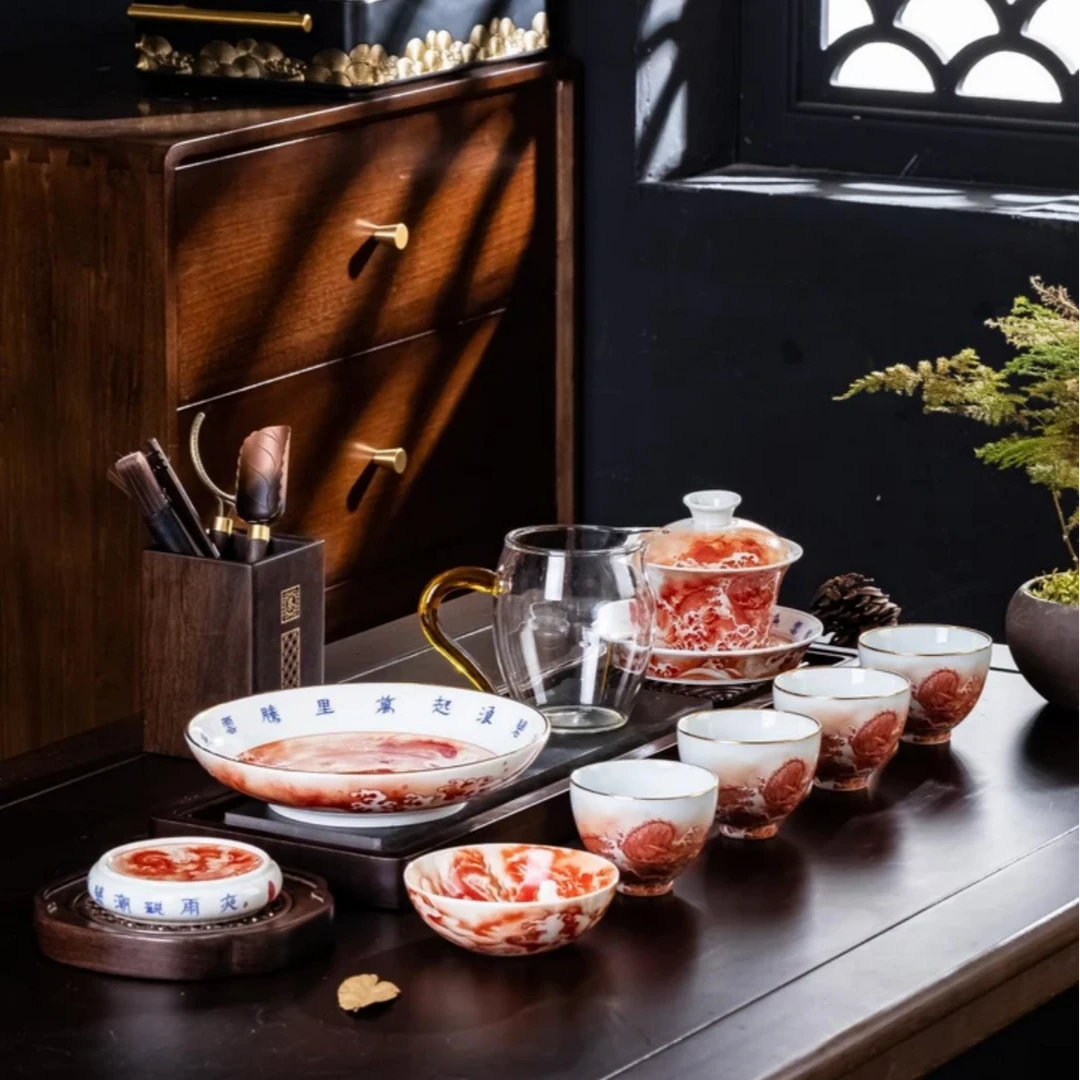 高温陶瓷景德镇鱼化龙茶具套组矾红轻奢送礼