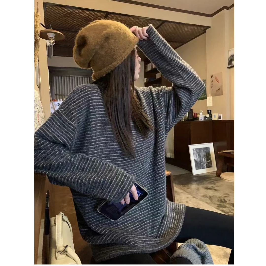 韩版磨毛长袖t恤女新款条纹韩版宽松内搭外穿打底衫秋冬慵懒上衣