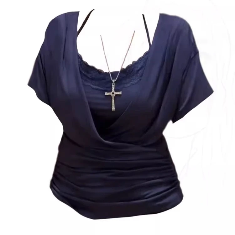 大码胖mm纯欲辣妹大领口短袖T恤女夏季收腰上衣蕾丝挂脖吊带套装