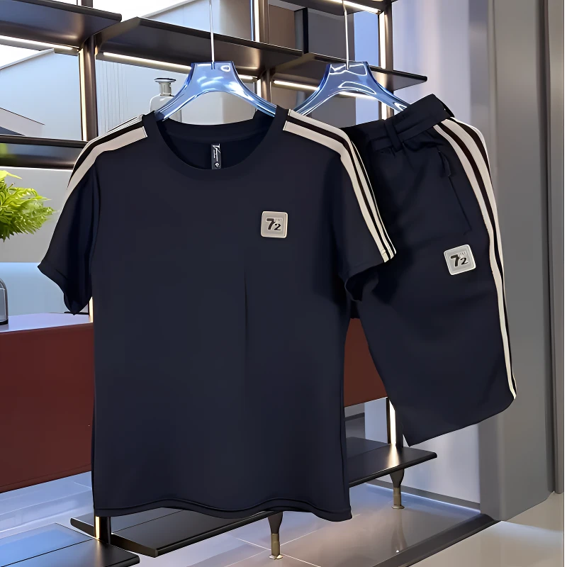 夏季新款休闲套装潮流时尚男士运动套装帅气短袖短裤百搭两件套男