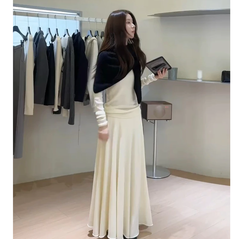 2025秋季新款韩系休闲松弛慵懒感针织披肩上衣显瘦半身裙三件套