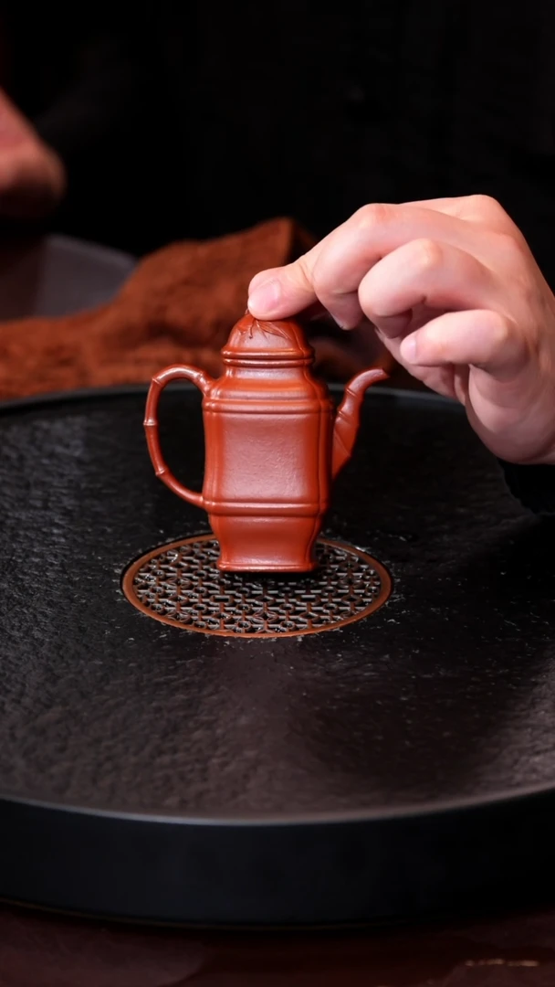 茶壶紫砂hh 高竹节壶 孟臣朱泥+菱花壶承