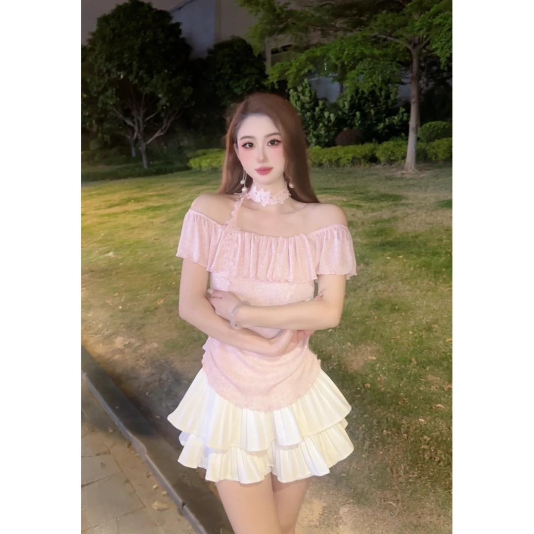 一字肩气质纯欲泡泡袖小众荷叶边薄款成人修身型衬衫豹纹夏季常规