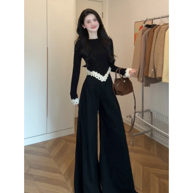 2025秋季超火巨好看一整套大方得体轻奢高级感黑色针织衫套装裤女