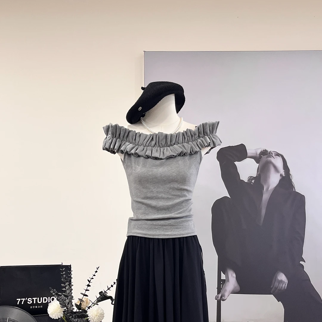 【荷叶边边】正肩t恤女夏季新款短款一字肩上衣-25541