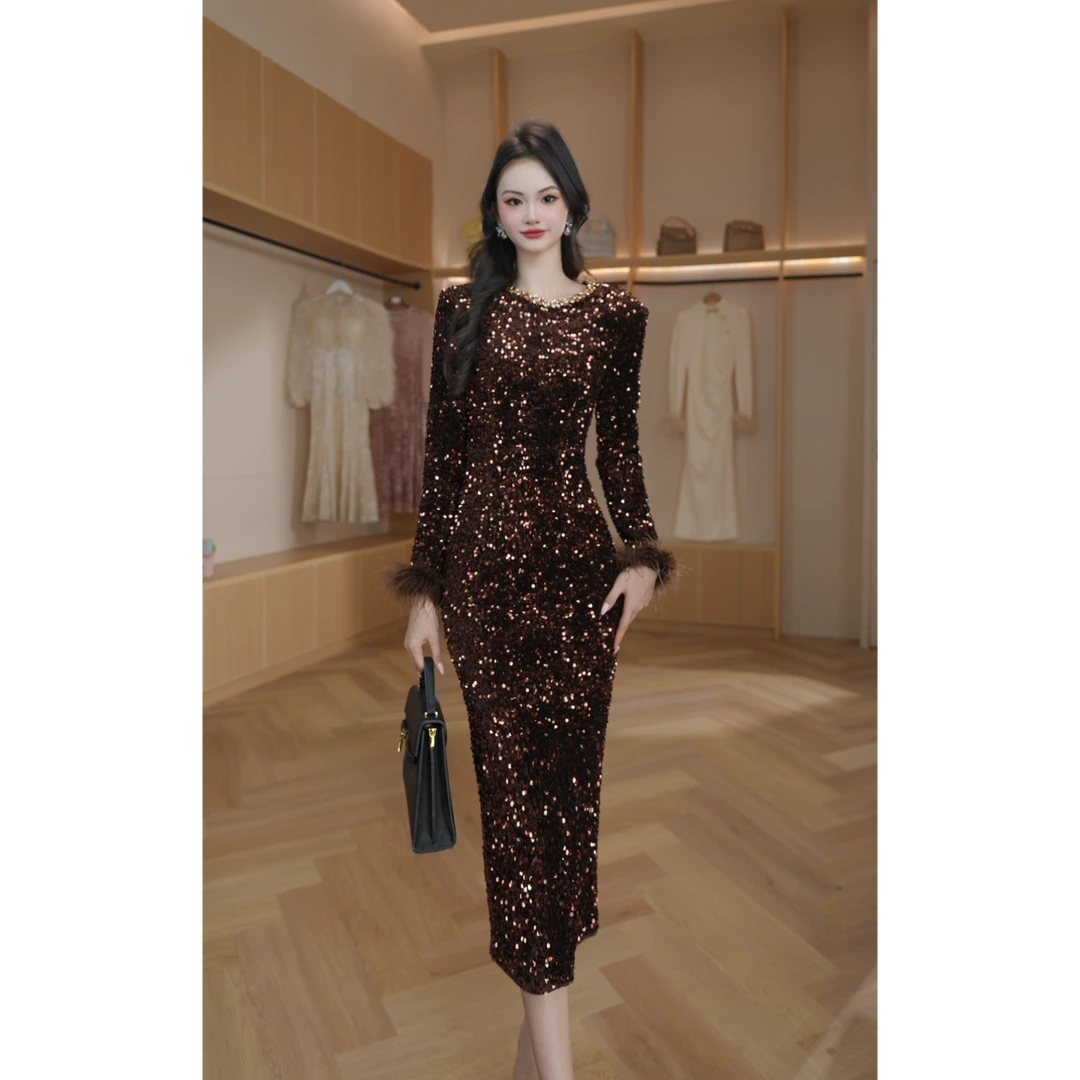 【香香定制】新款时尚法式气质优雅修身显瘦亮片连衣裙21582