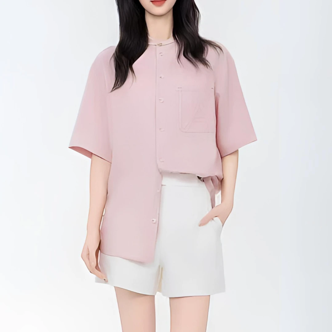 商场同款女装2025新款复古时尚百搭宽松亚麻圆领半袖衬衫女530060