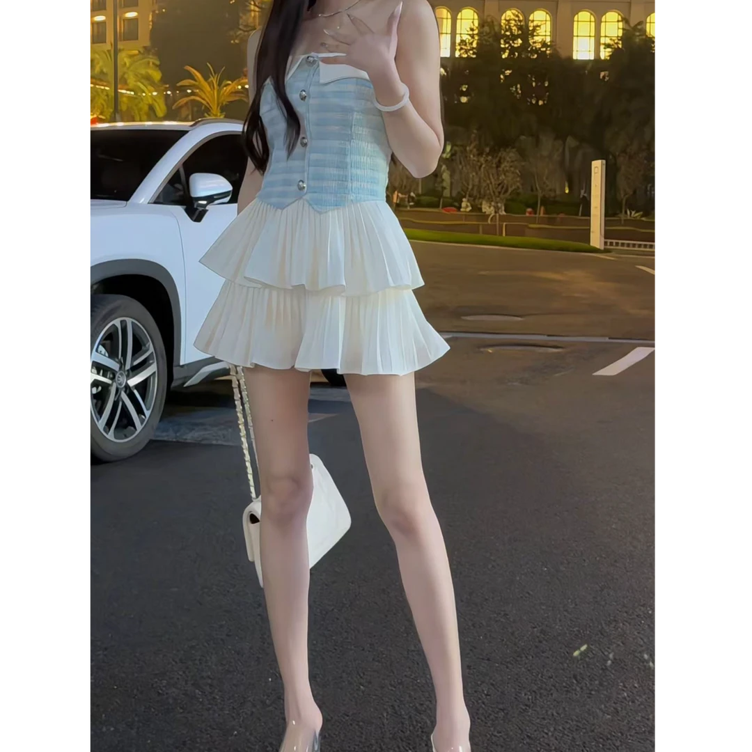 夏季显瘦抹胸背心外穿抹胸上衣辣妹高腰裙裤